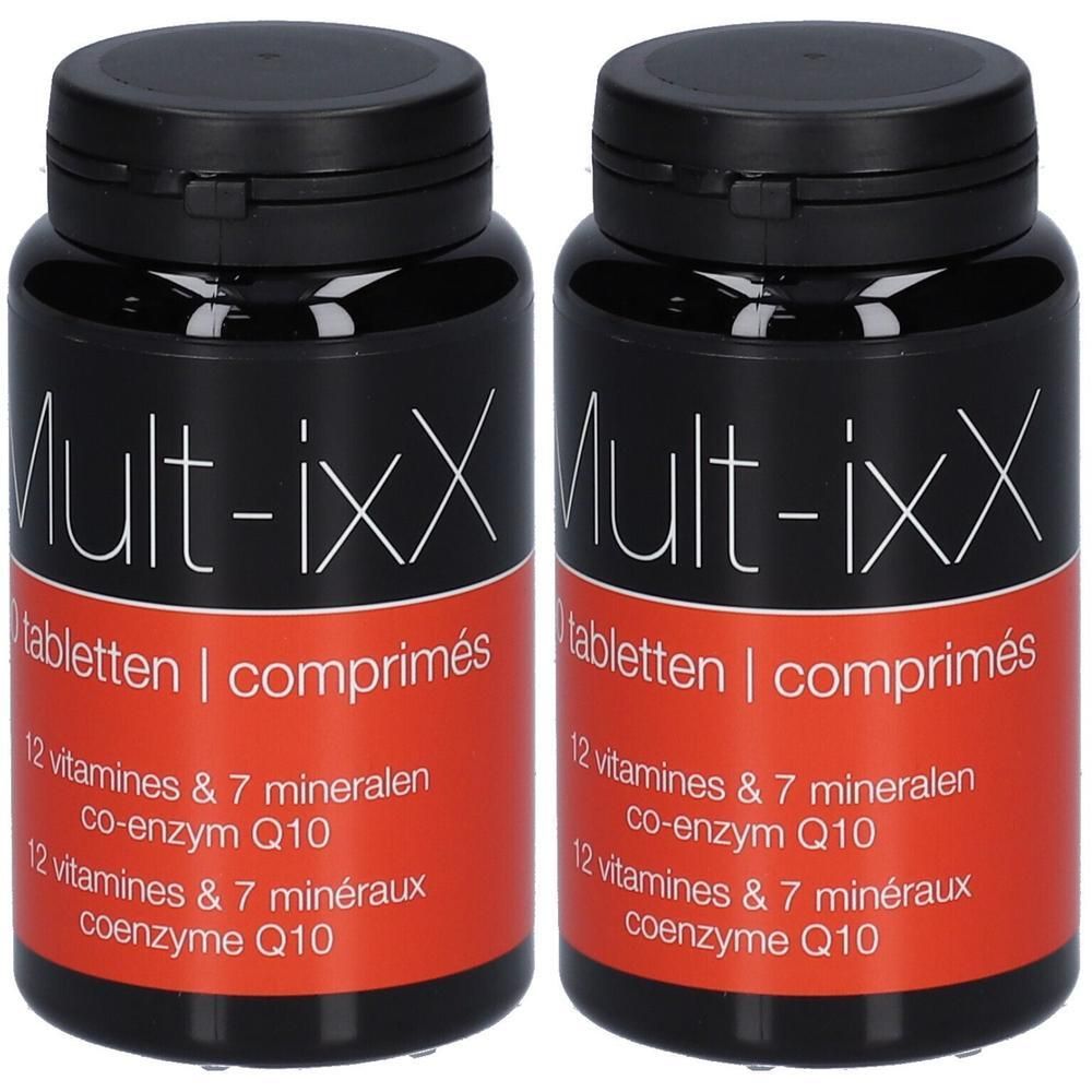 Deux flacons noirs avec étiquette rouge. Inscription: Mult-ixX, 12 vitamines & 7 minéraux, coenzyme Q10. Bouchon noir.