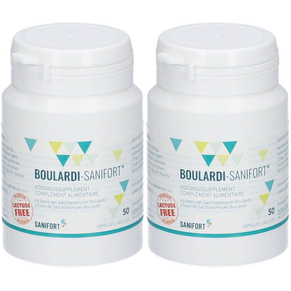 Deux flacons blancs avec texte bleu-vert. Inscription: BOULARDI-SANIFORT, sans lactose, 50 capsules.