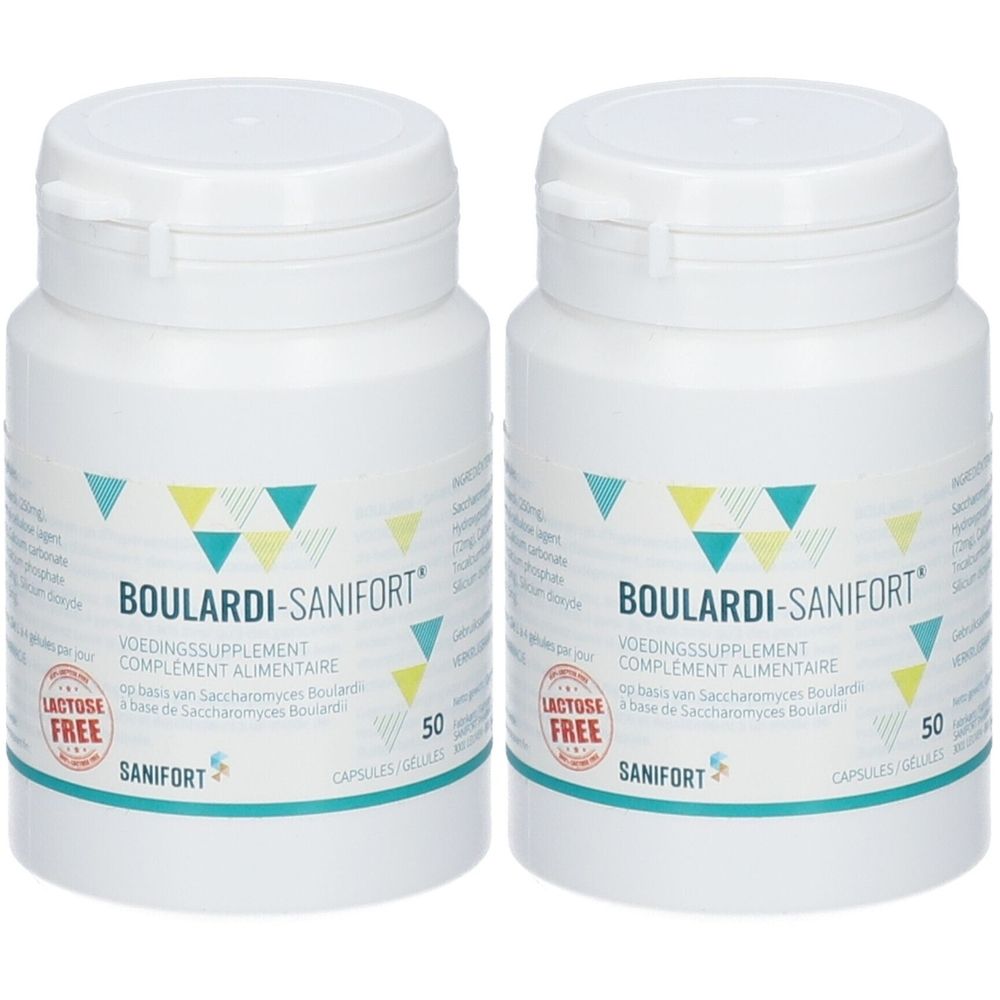 Deux flacons blancs avec texte bleu-vert. Inscription: BOULARDI-SANIFORT, sans lactose, 50 capsules.