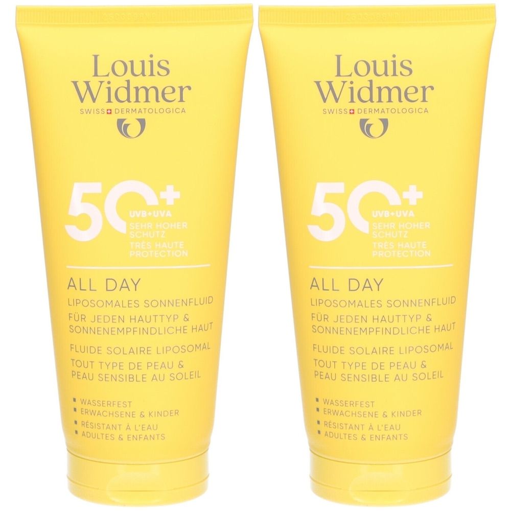 Deux tubes jaunes Louis Widmer All Day SPF50+. Texte: 50+, All Day, fluide solaire liposomale, tout type de peau. Résistant à l'eau.