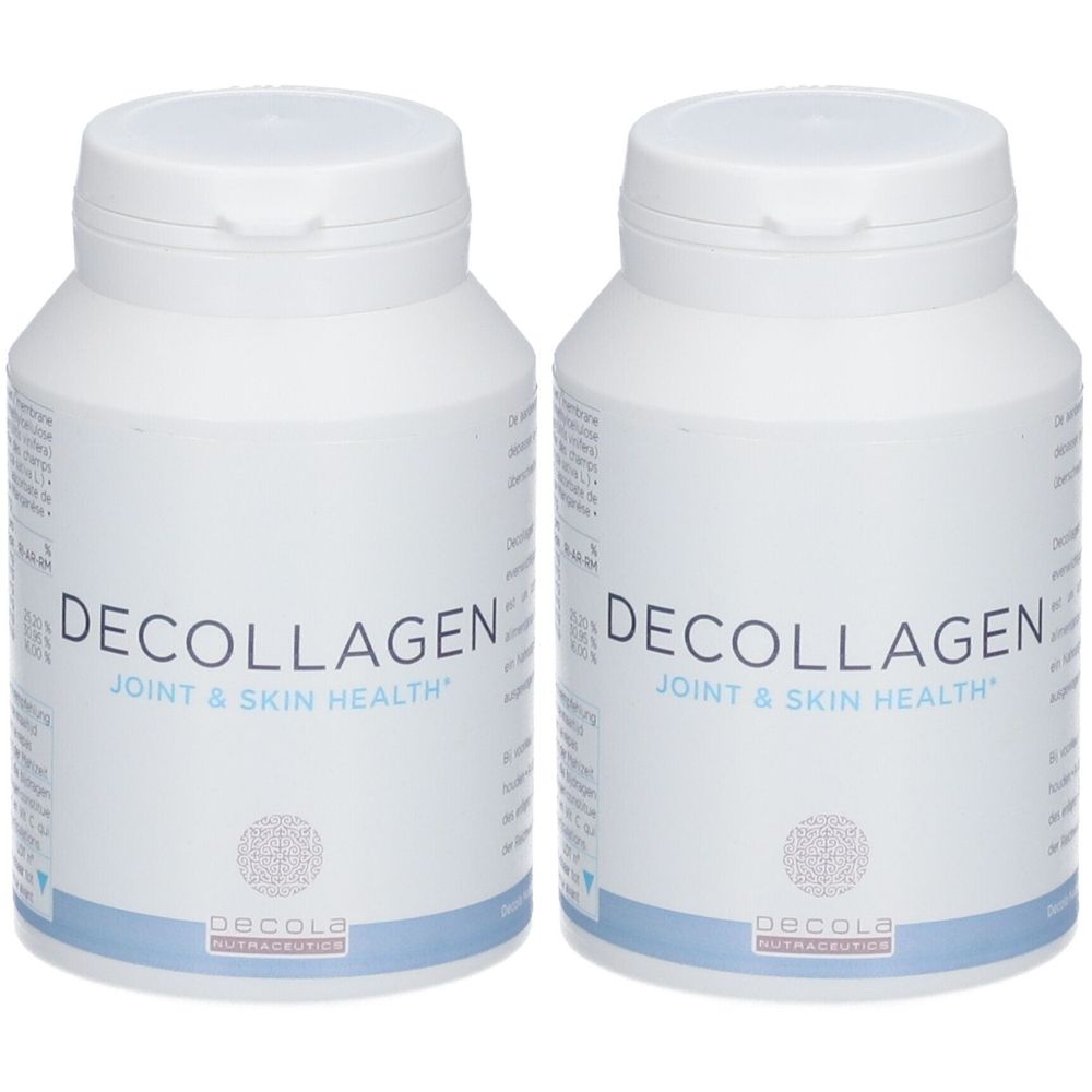 Deux flacons blancs avec couvercles. Inscription DECOLLAGEN, Joint & Skin Health. Logo en bas. Contenants de pilules.