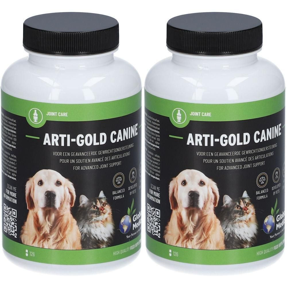Deux flacons Arti-Gold Canine avec bouchons noirs. Étiquette avec chien, chat et texte: Joint Care, pour le soutien articulaire.