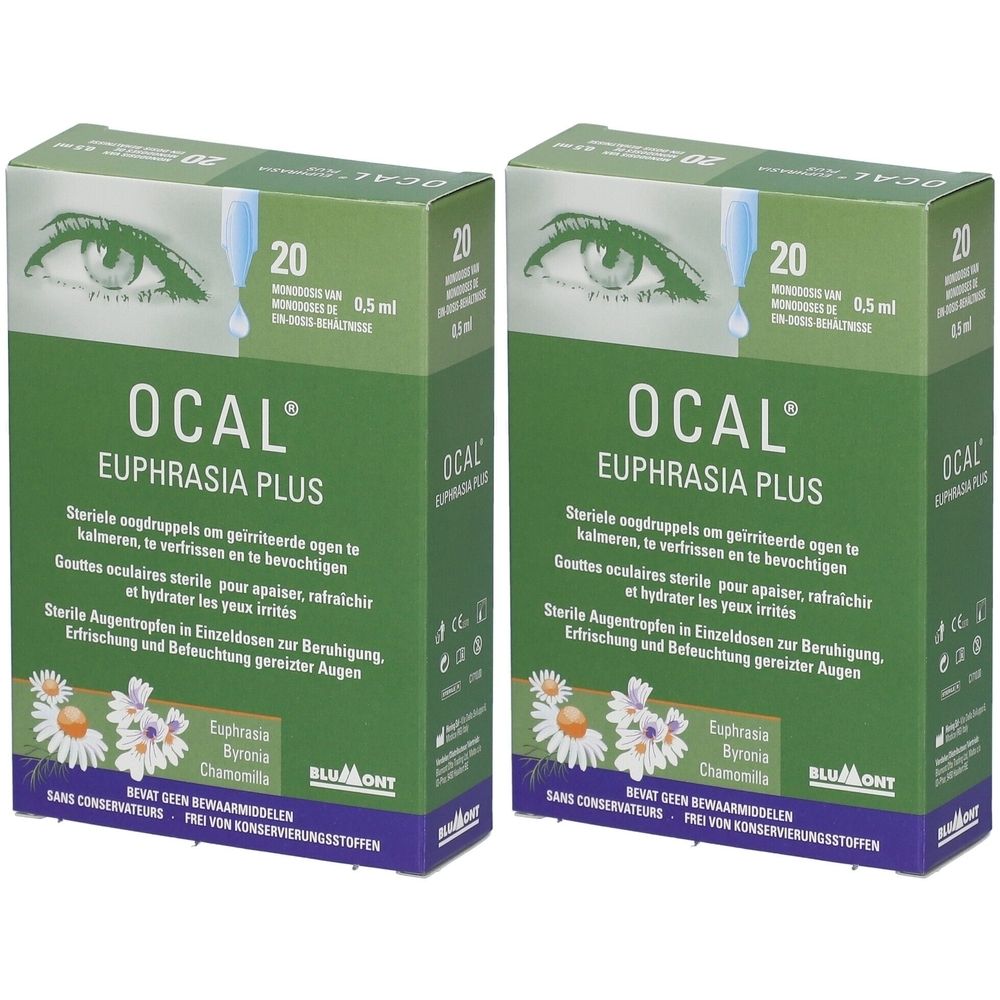Deux boîtes vertes OCAL Euphrasia Plus. Impression: yeux, gouttes, 20 unidoses, texte en allemand, français, néerlandais.