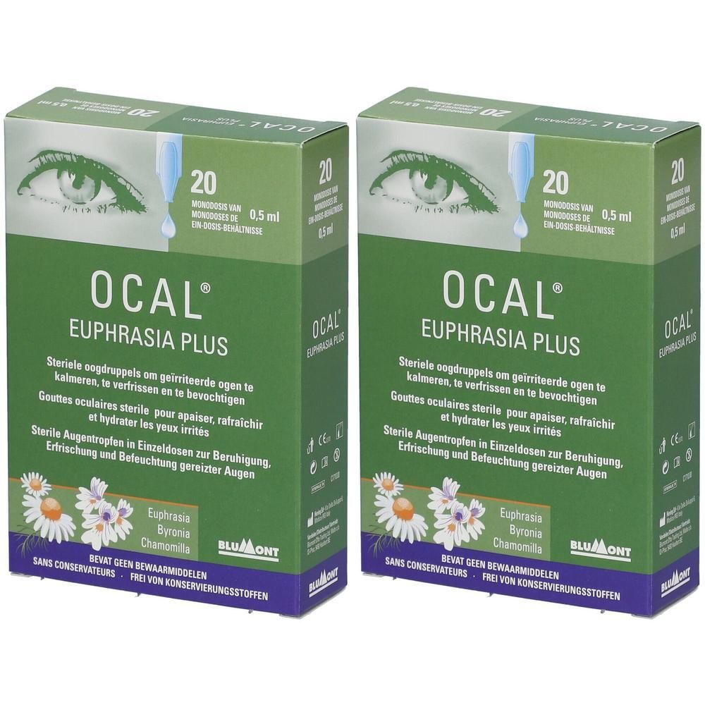 Deux boîtes vertes OCAL Euphrasia Plus. Impression: yeux, gouttes, 20 unidoses, texte en allemand, français, néerlandais.