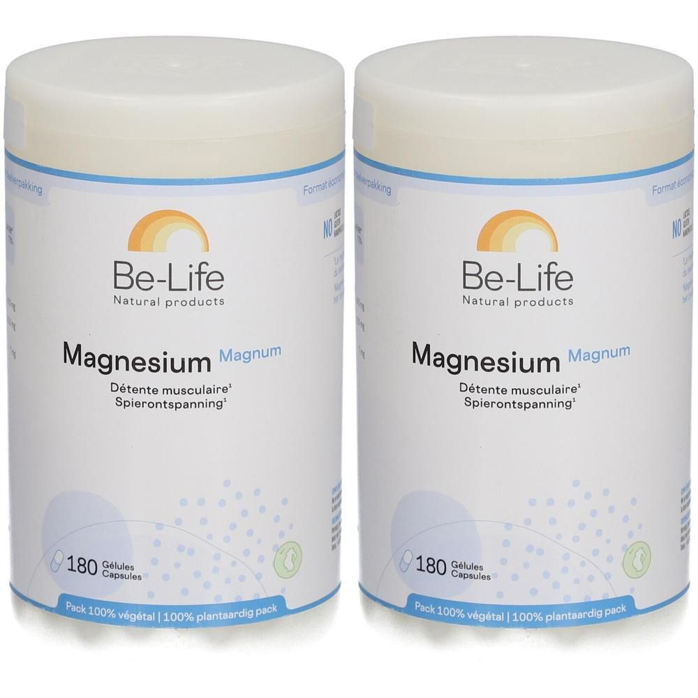 Deux boîtes blanches avec étiquette. Inscription: Be-Life, Magnesium Magnum, 180 gélules. Pack 100% végétal.