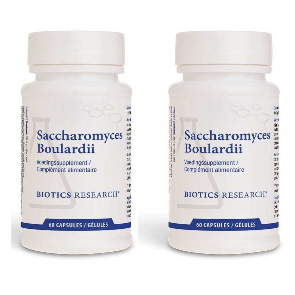 Deux flacons blancs avec étiquettes. Inscription: Saccharomyces Boulardii, Biotics Research. 60 gélules.