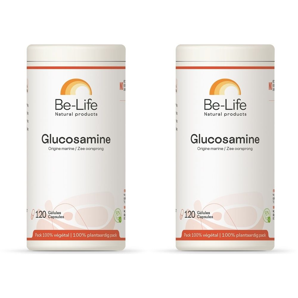 Deux boîtes blanches avec liseré rouge. Inscription: Be-Life, Glucosamine, 120 gélules. Origine marine/Zee oorsprong. Pack 100% végétal.