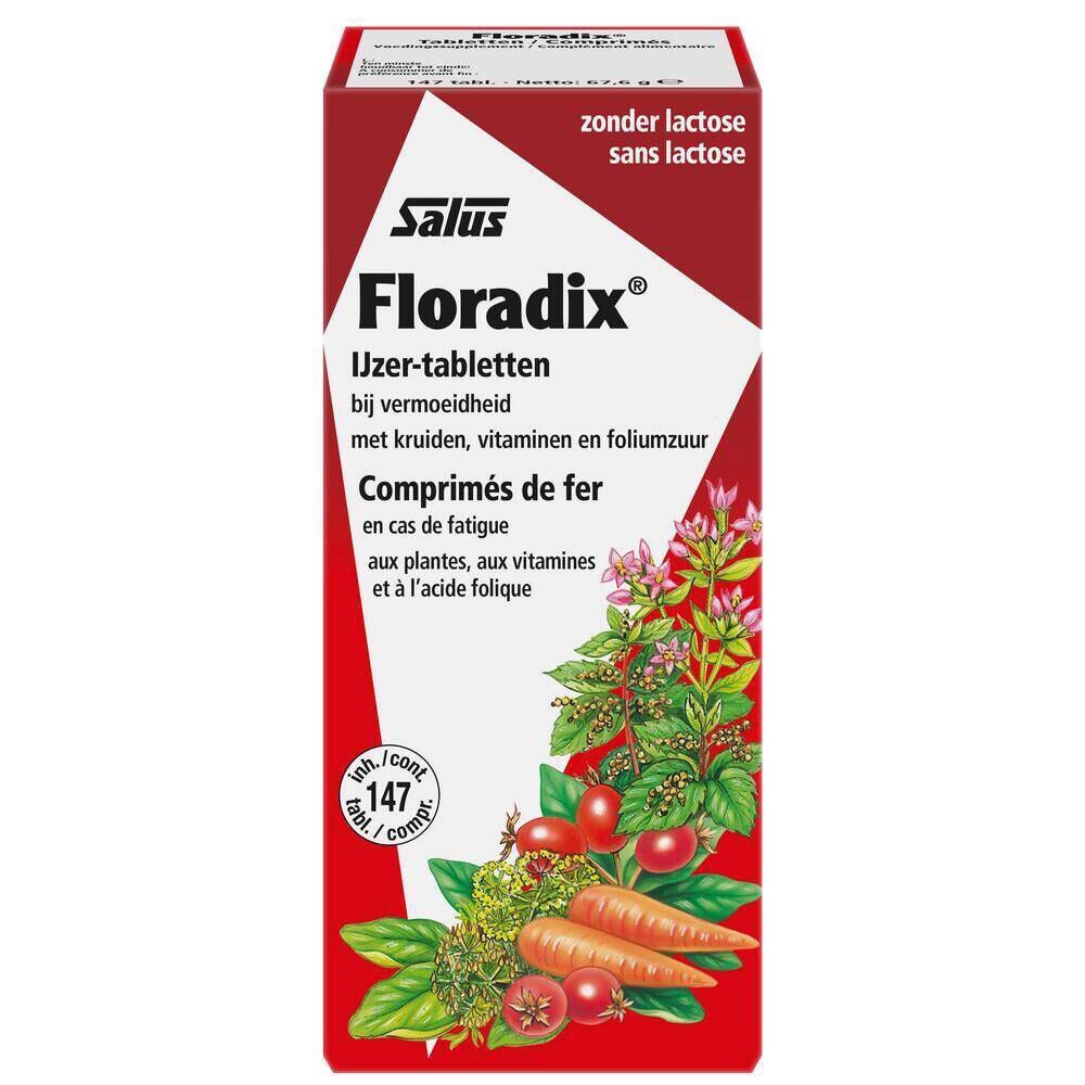 Une seule boîte de Floradix® Eisentabletten. Emballage rouge et blanc avec nom du produit et illustrations de légumes et d'herbes.