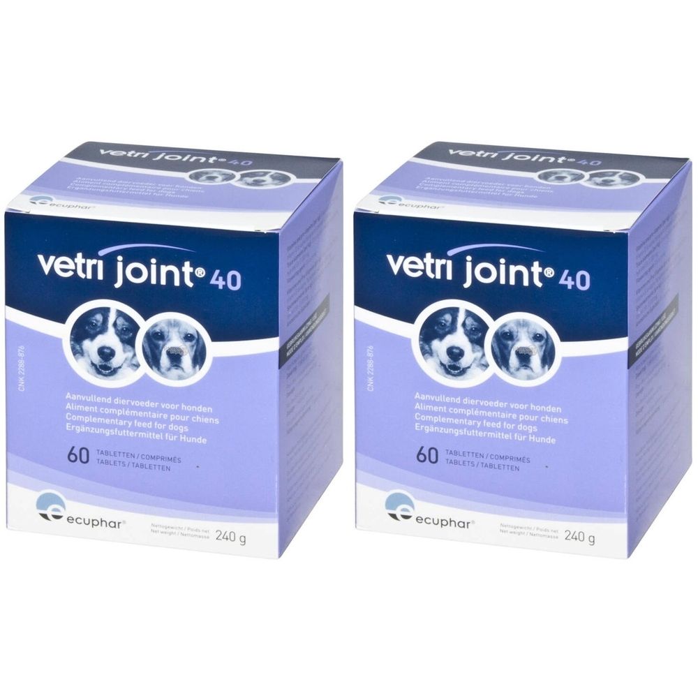 Deux boîtes de "vetri joint 40". Chaque boîte affiche un portrait de chien et l'inscription "60 comprimés".