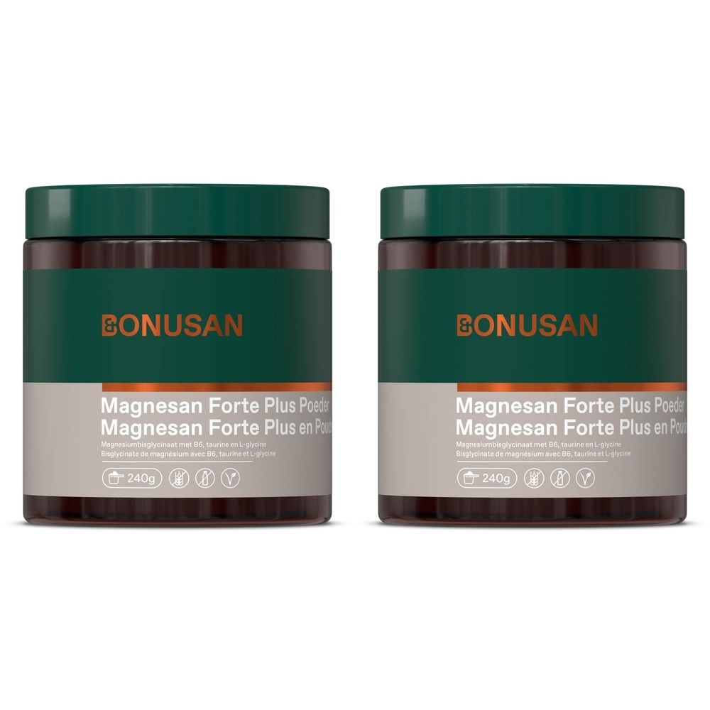 Deux pots bruns avec étiquette verte. Inscription: Magnesan Forte plus en poudre. Marque: BONUSAN.