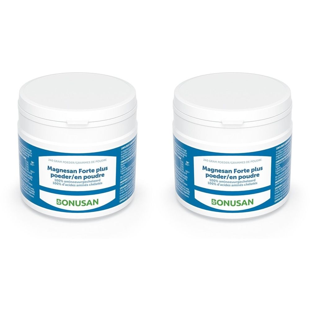 Deux pots blancs avec étiquette bleue. Inscription: Magnesan Forte plus en poudre. Marque: BONUSAN.