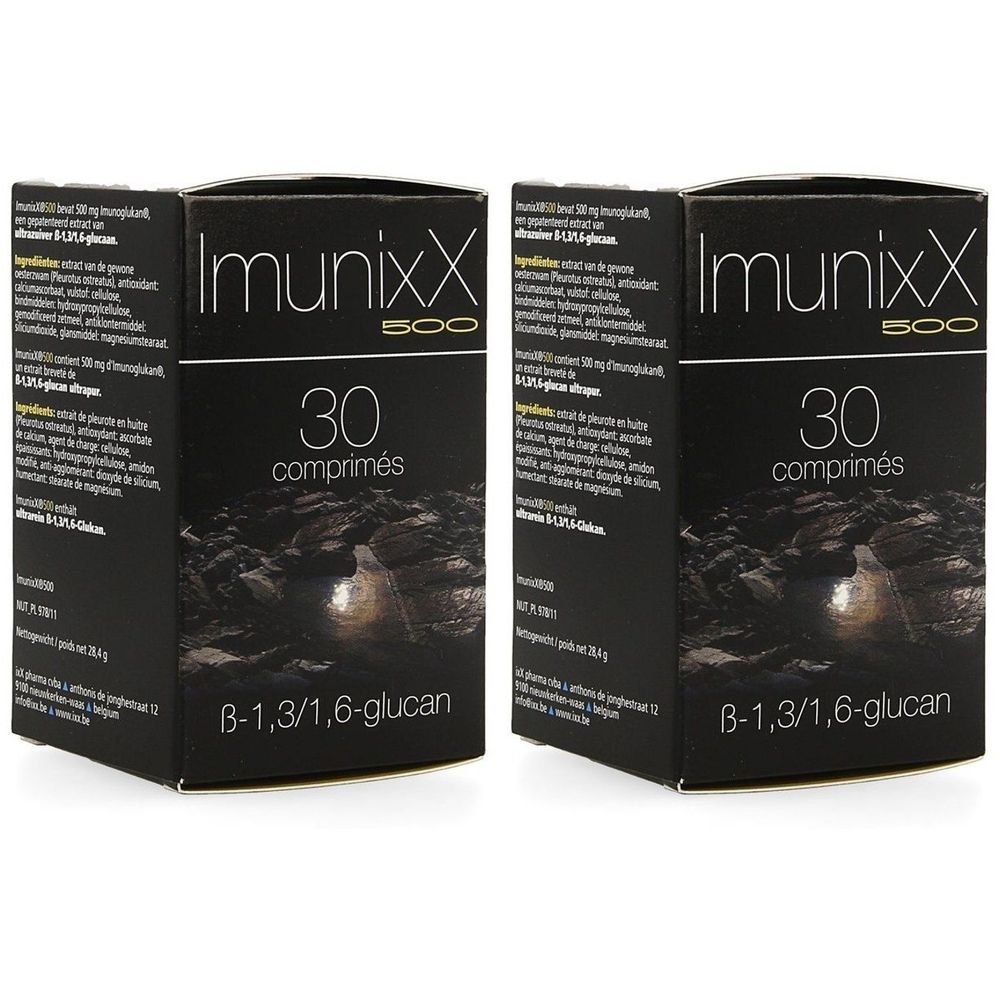 Boîte ImunixX 500, 30 comprimés. Contient 8-1,3/1,6-glucan. Emballage noir avec texte blanc.
