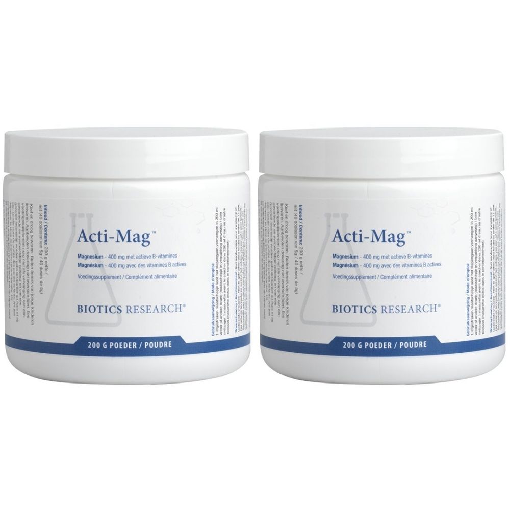 Deux pots blancs avec étiquette bleue. Inscription: Acti-Mag, Biotics Research. Contient 200 g de poudre.