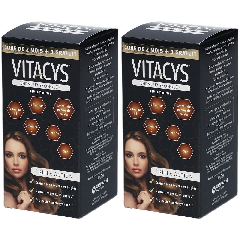 Deux boîtes Vitacys Cheveux & Ongles. Emballage noir avec nom du produit, ingrédients et image de femme.