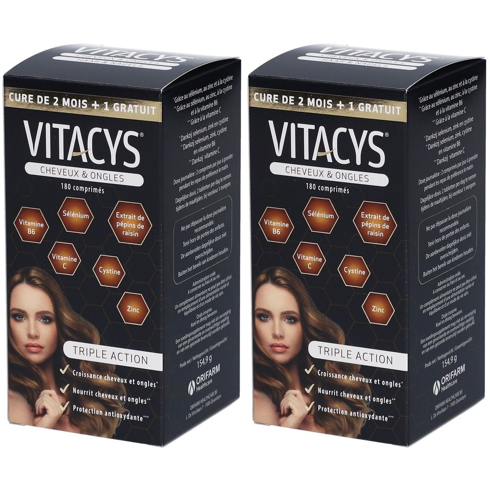 Deux boîtes Vitacys Cheveux & Ongles. Emballage noir avec nom du produit, ingrédients et image de femme.
