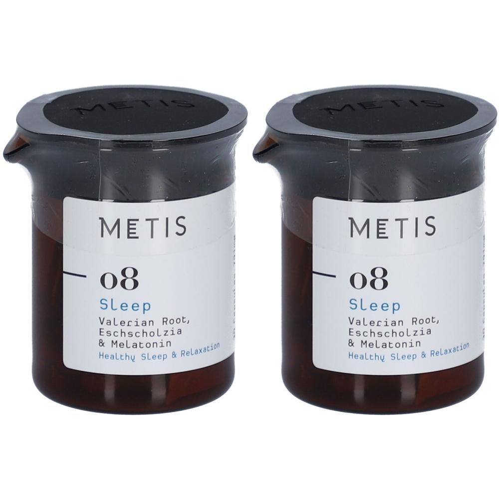 Deux flacons METIS Sleep 08. Récipients en verre brun avec couvercle noir. Étiquette blanche avec informations.