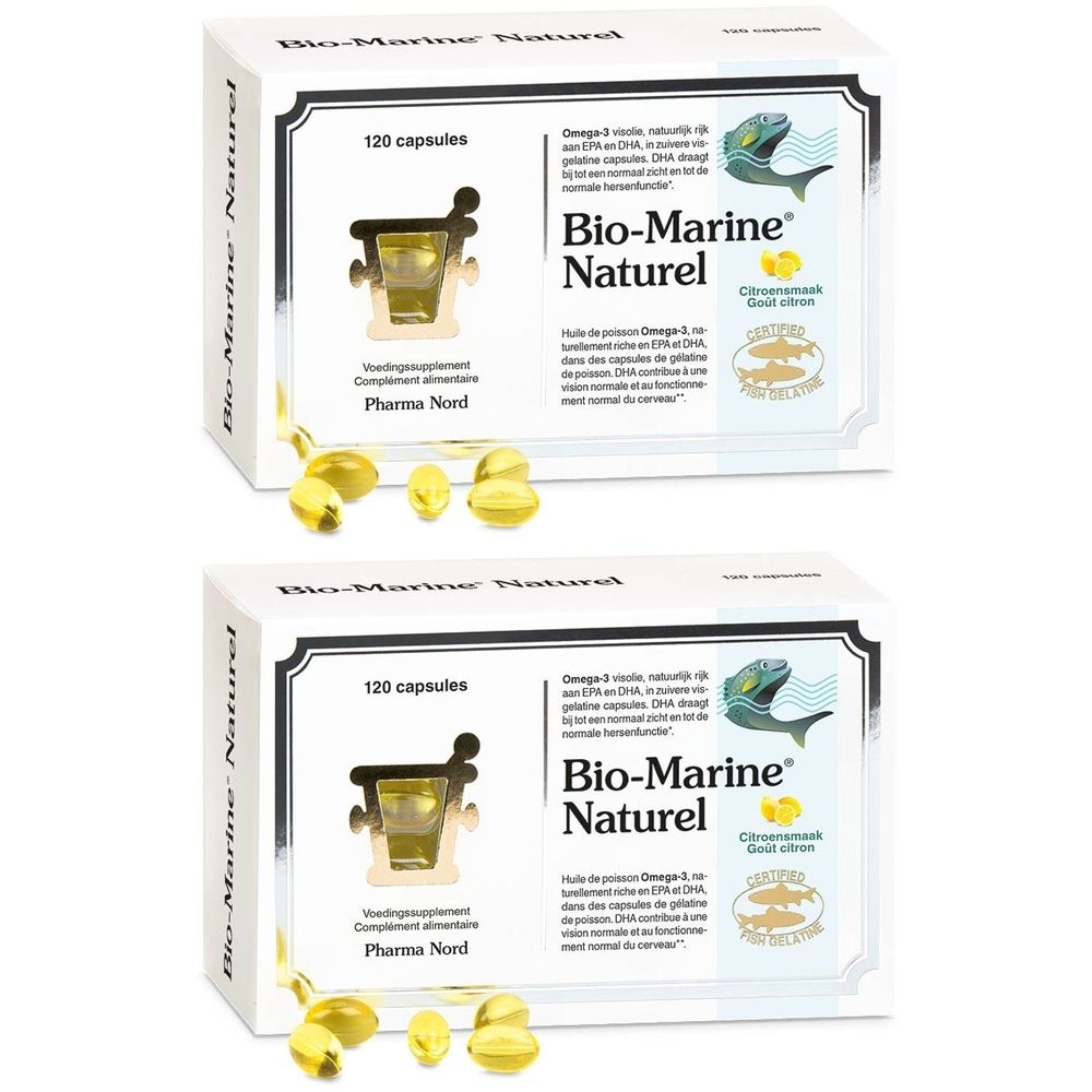 Deux boîtes Pharma Nord® Bio-Marine® Naturel Omega-3 avec gélules. Emballage blanc, nom du produit, illustration de poisson.