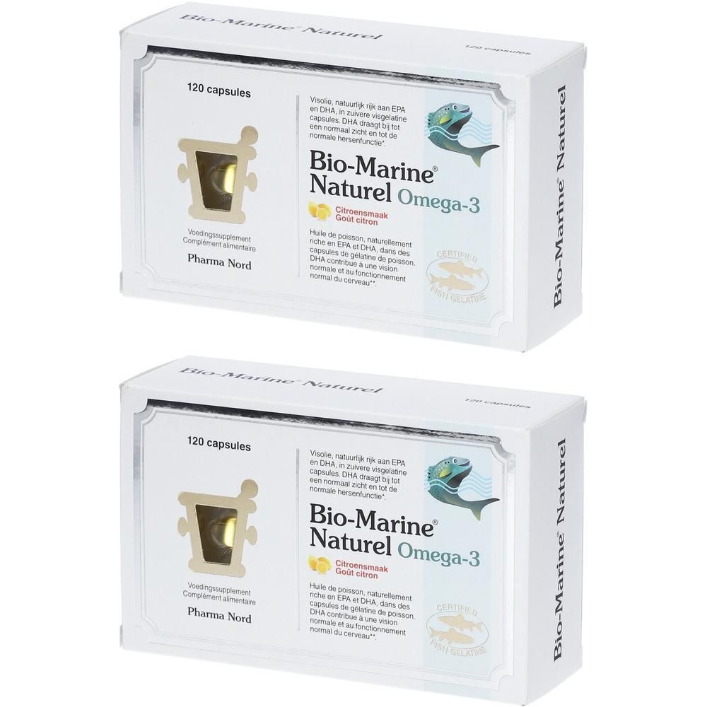 Deux boîtes de Pharma Nord® Bio-Marine® Naturel Omega-3. Emballage blanc avec nom du produit et illustration de poisson.