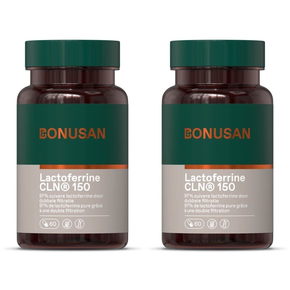 Deux flacons de BONUSAN Lactoferrine CLN® 150. Flacons bruns, bouchons verts. Étiquette orange, texte blanc. 60 gélules.