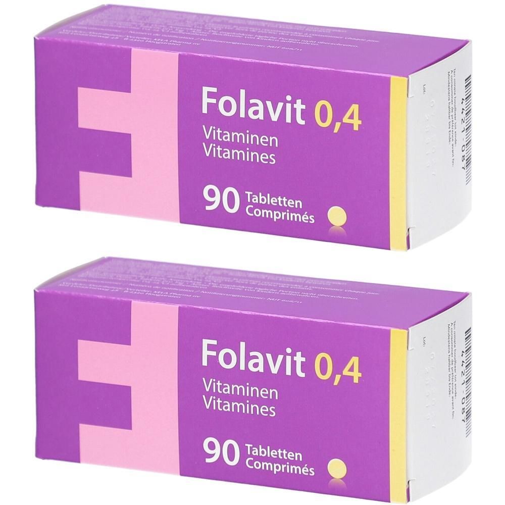 Deux boîtes de Folavit 0,4 Vitamines. Emballage violet avec texte blanc. Contient 90 comprimés.