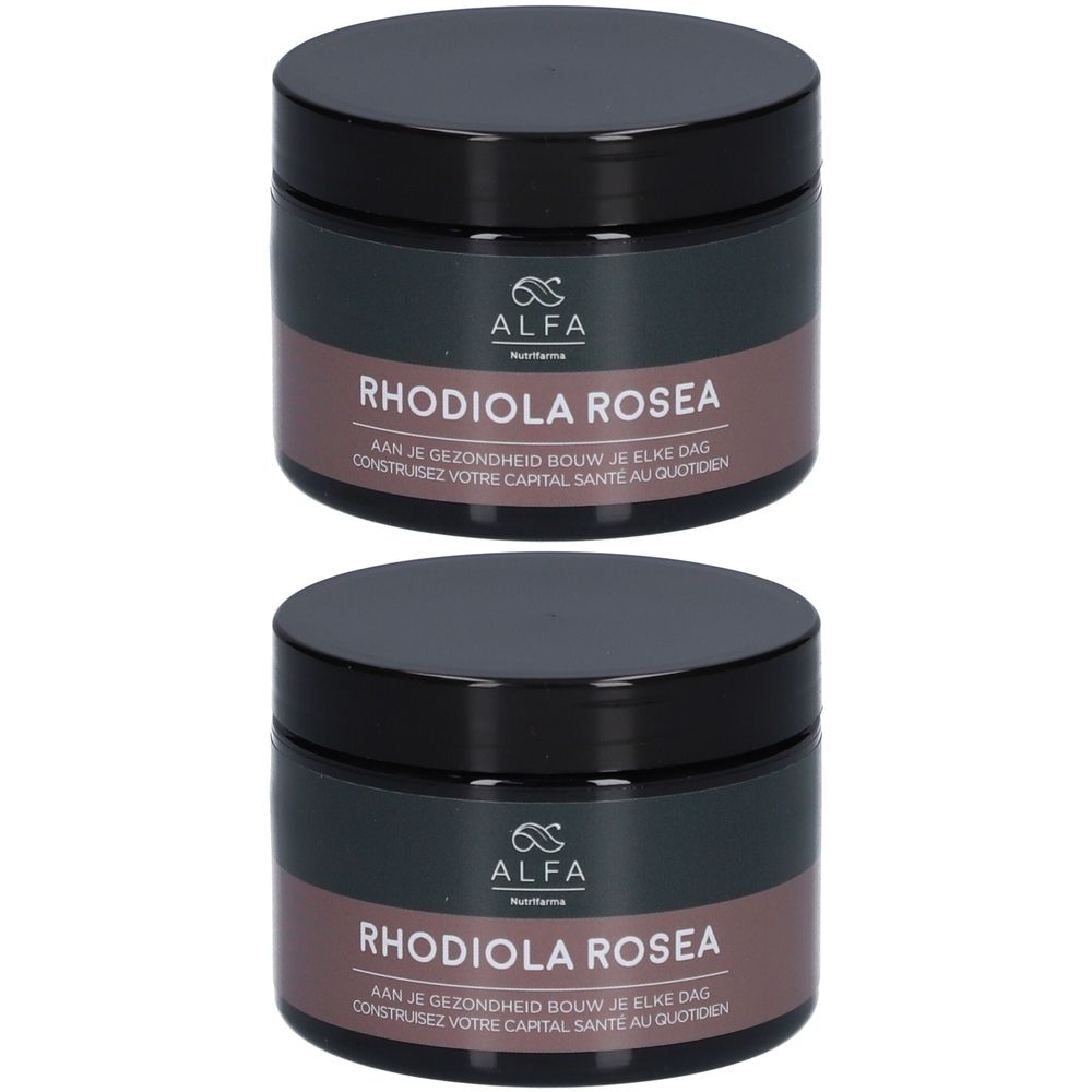 Deux pots noirs avec l'inscription Alfa Rhodiola Rosea. Autocollant marron foncé avec texte. Couvercle avec logo.