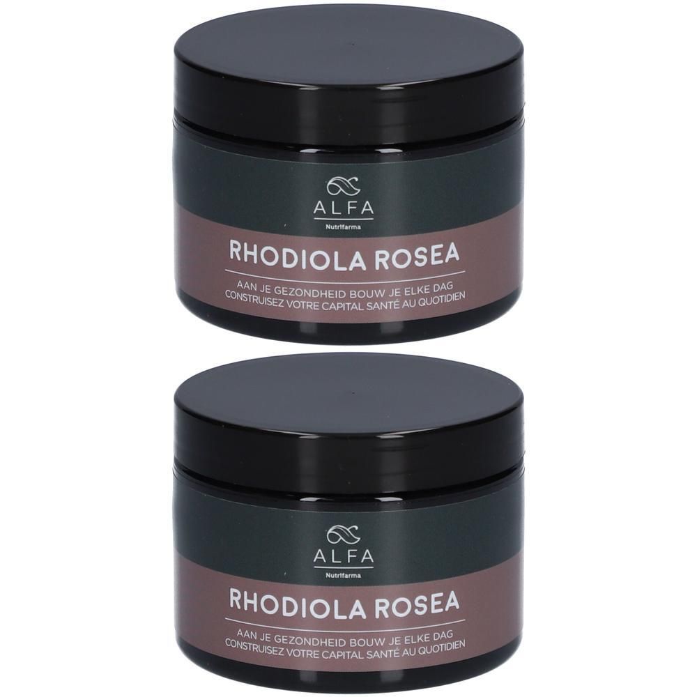 Deux pots noirs avec l'inscription Alfa Rhodiola Rosea. Autocollant marron foncé avec texte. Couvercle avec logo.