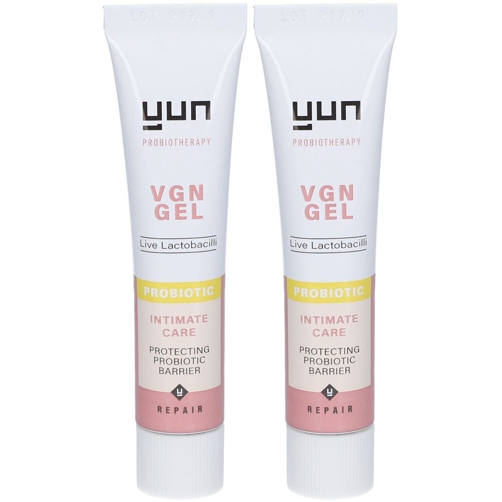 Deux tubes de gel YUN VGN. Blanc, avec des accents roses et jaunes. Inscription : PROBIOTIC INTIMATE CARE, REPAIR.