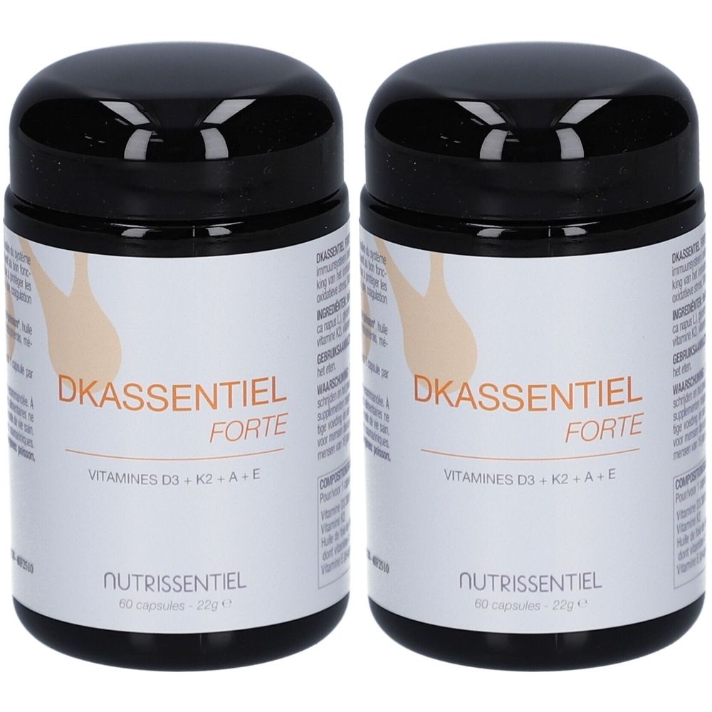 Deux pots Dkassentiel Forte avec couvercles noirs. Inscription : Vitamines D3 + K2 + A + E. 60 gélules.