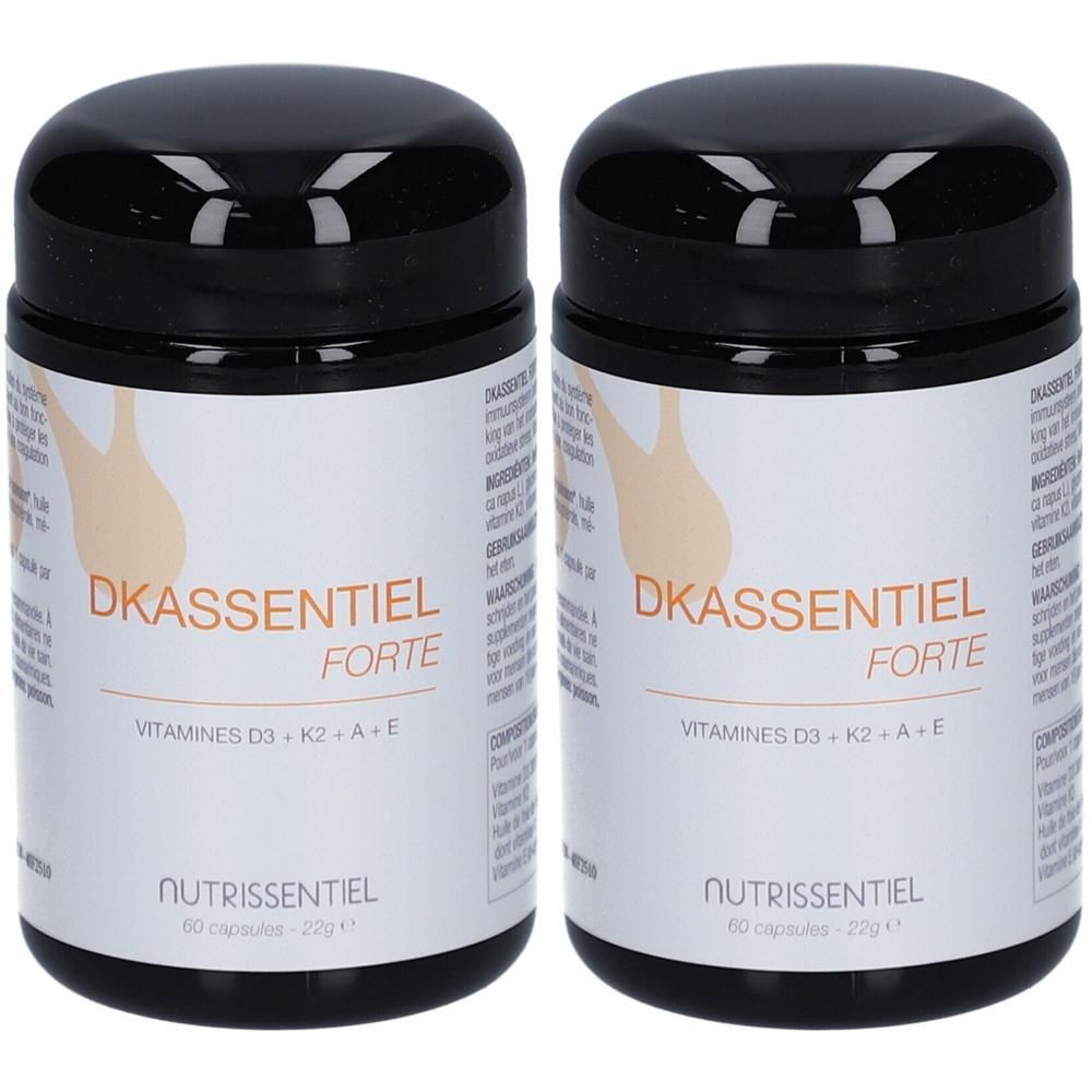 Deux pots Dkassentiel Forte avec couvercles noirs. Inscription : Vitamines D3 + K2 + A + E. 60 gélules.