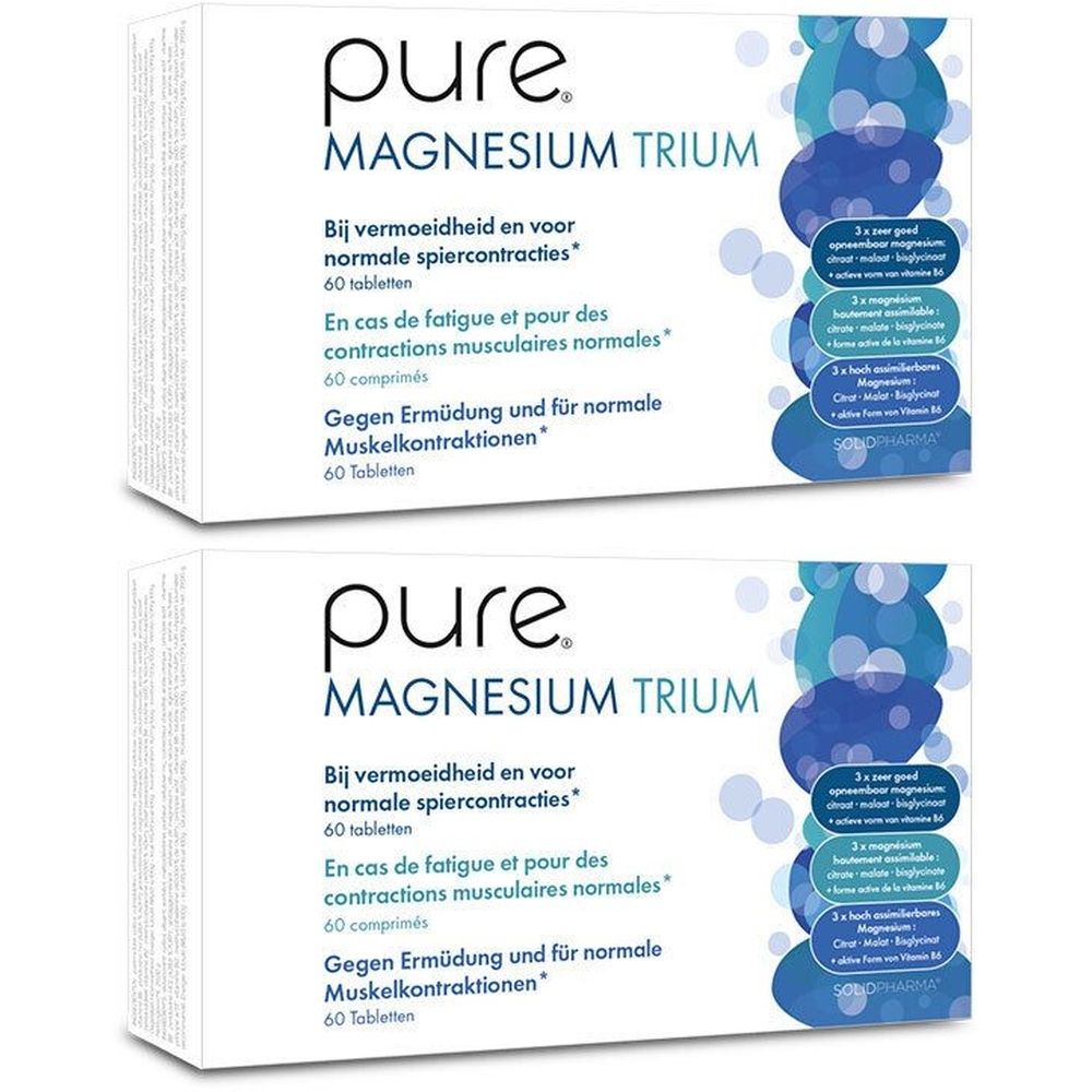 Deux boîtes blanches avec "pure MAGNESIUM TRIUM". Texte en allemand, français et néerlandais. 60 comprimés.