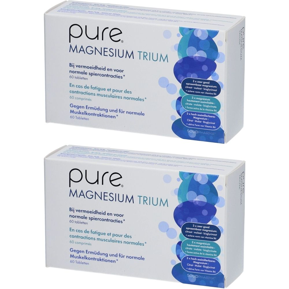 Deux boîtes blanches avec "pure MAGNESIUM TRIUM". Texte en allemand, français et néerlandais. 60 comprimés.