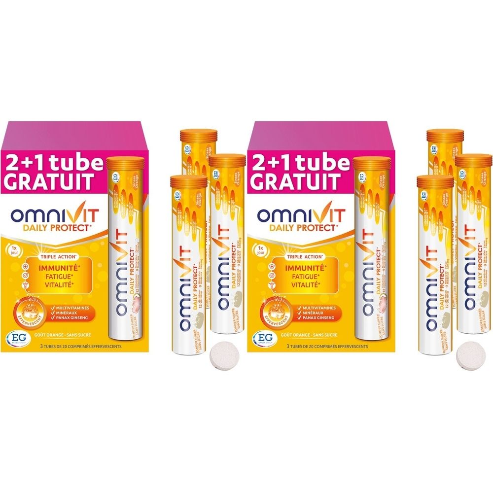 Trois boîtes de Omnivit Daily Protect, chacune avec un tube de comprimés effervescents. Mention "2+1 tube GRATUIT" sur l'emballage.