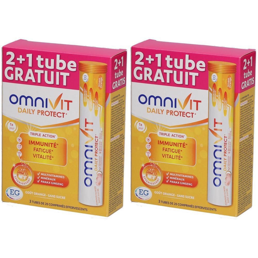 Deux boîtes de Omnivit Daily Protect. Chaque boîte contient un tube de comprimés effervescents et une mention "2+1 tube GRATUIT".