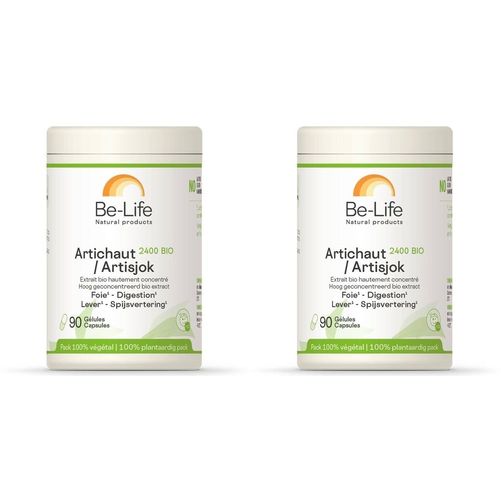 Deux boîtes blanches de Be-Life Artichaut 2400 BIO. Inscription : 90 gélules. Logo vert et orange. Texte en plusieurs langues.
