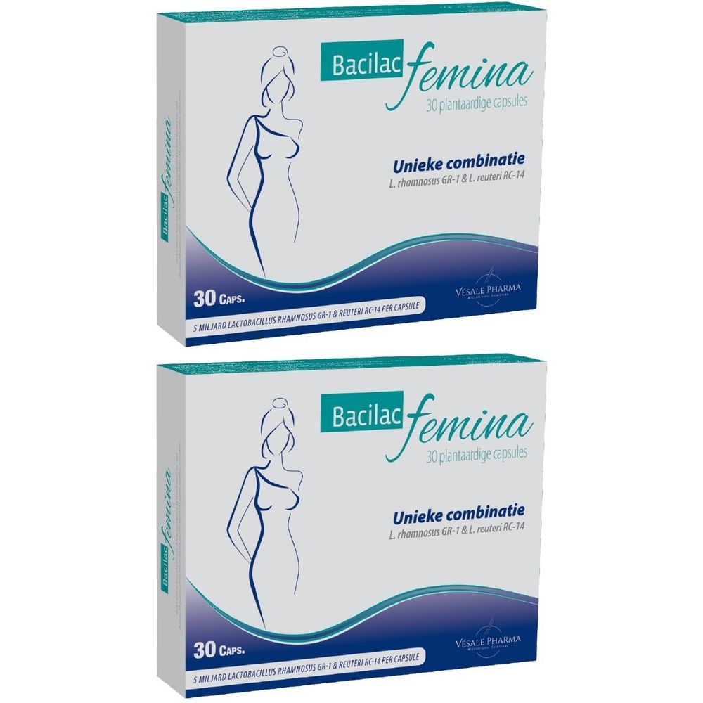 Deux boîtes de Bacilac femina®. Emballage blanc avec nom du produit, illustration féminine et texte. 30 gélules.
