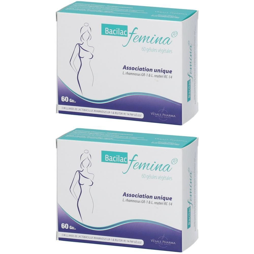 Deux boîtes de Bacilac femina®. Emballage blanc avec nom du produit, illustration féminine et texte. 60 gélules.