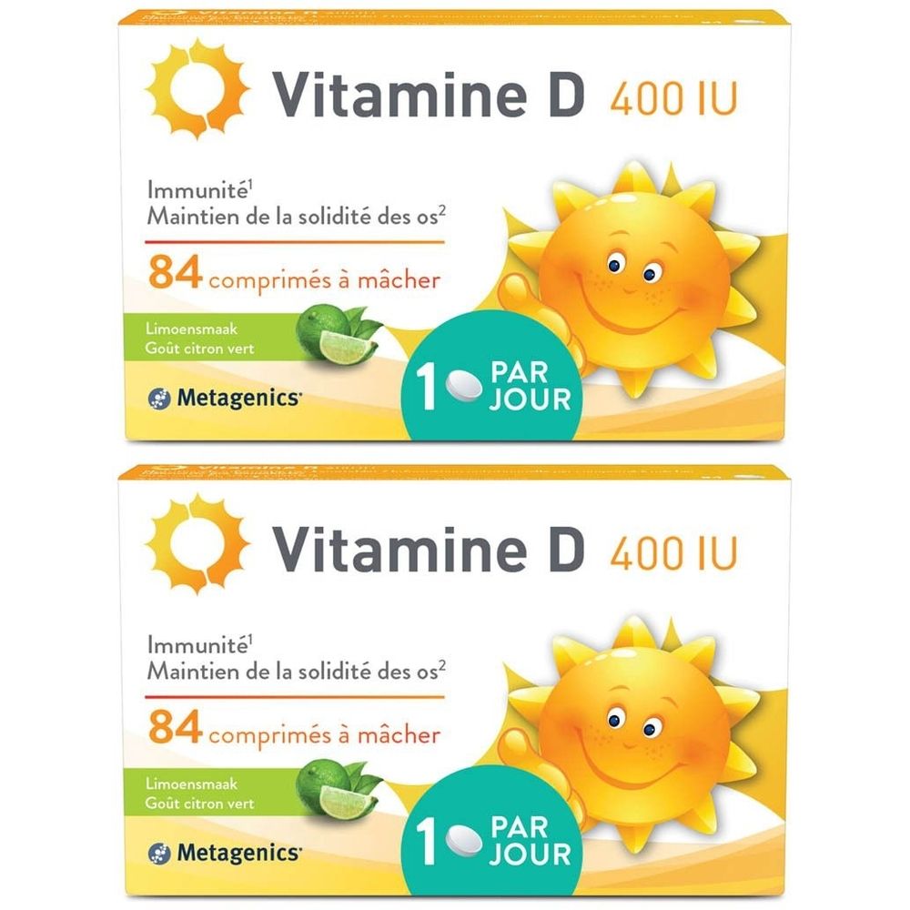 Deux boîtes de Vitamine D 400 UI. Inscription : Immunité, os solides, 84 comprimés à mâcher, goût citron vert. Marque : Metagenics. 1 par jour.