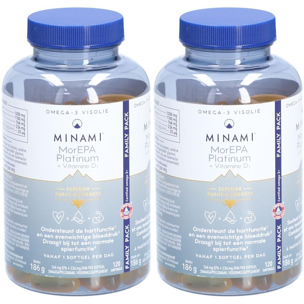 Deux flacons de MINAMI® MorEPA Platinum + Vitamine D3. Flacons en plastique transparent avec bouchon bleu et étiquette. Contient 120 gélules.