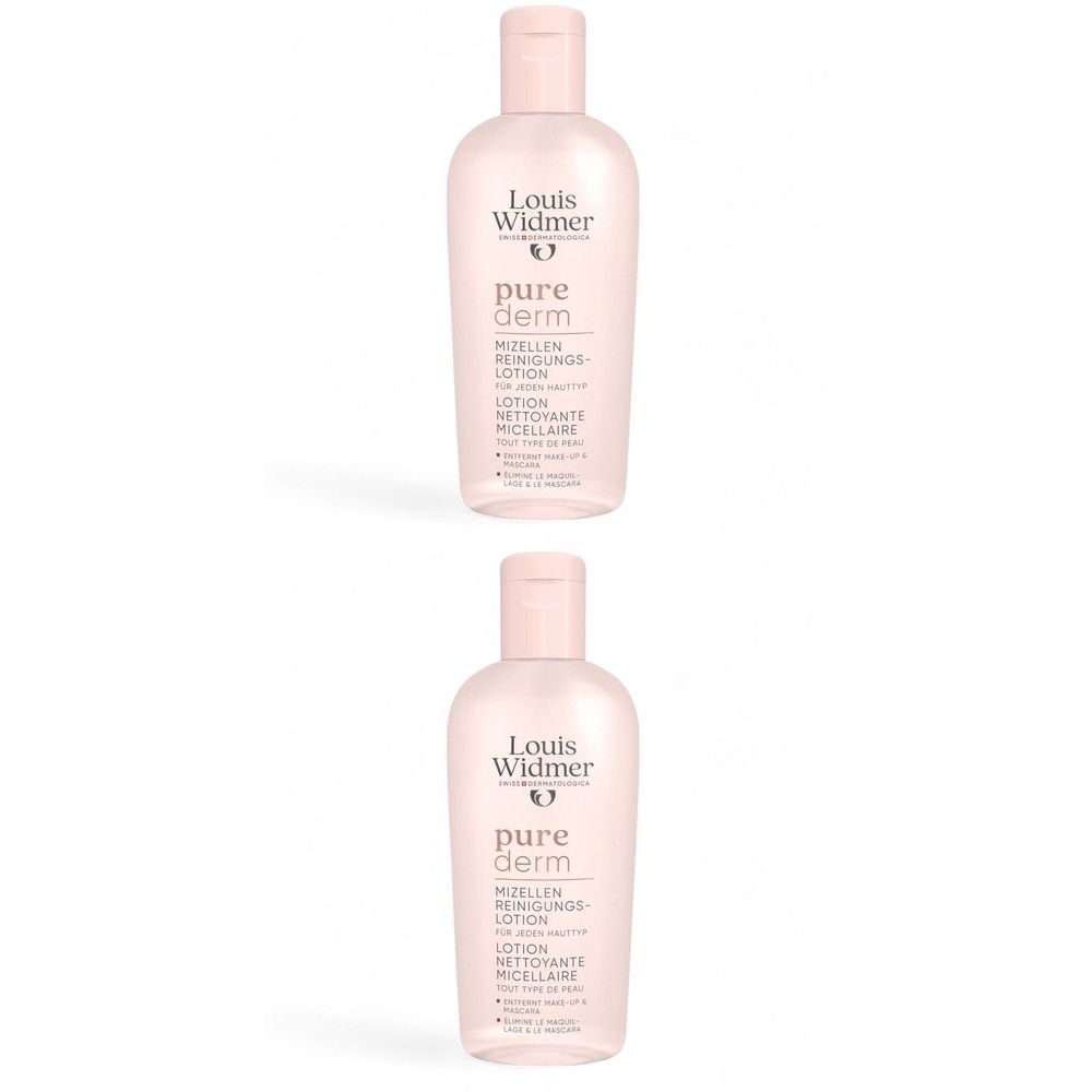 Deux flacons de lotion micellaire Louis Widmer Purederm. Flacons roses avec texte blanc. Bouchons roses.