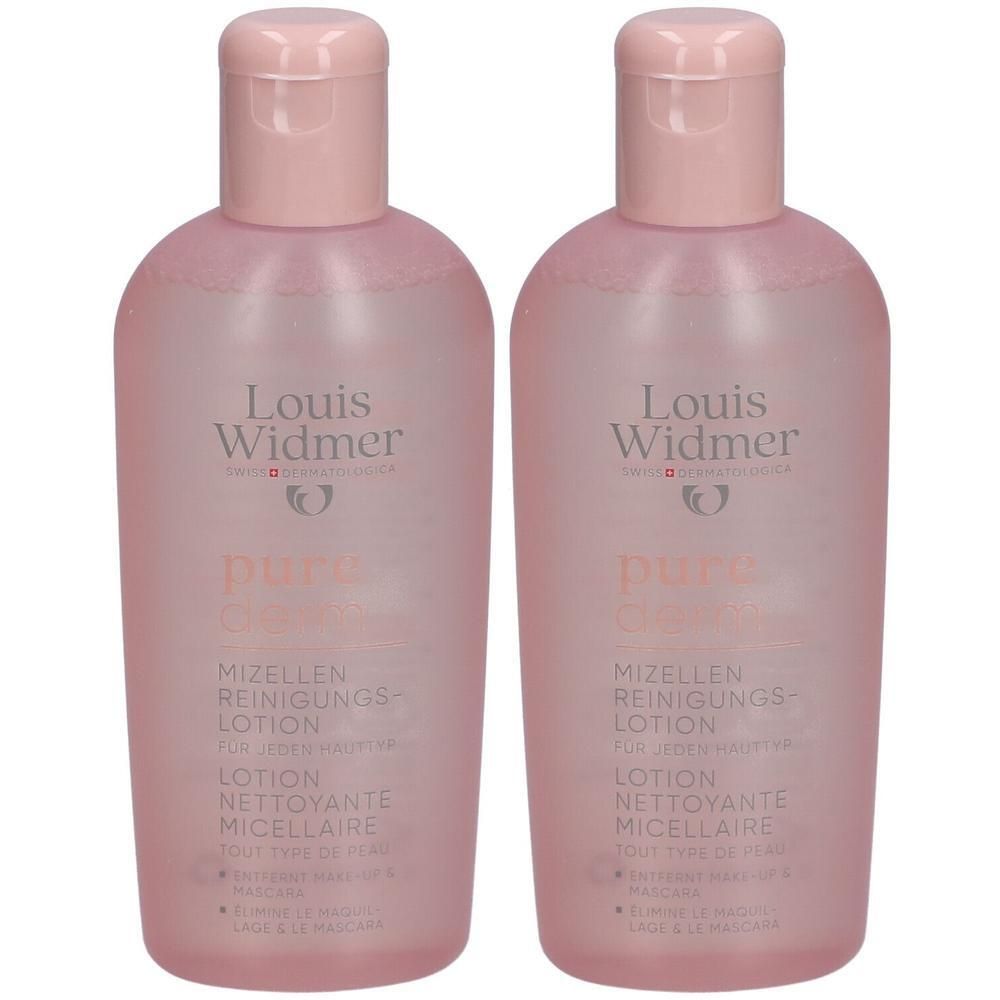 Deux flacons de lotion micellaire Louis Widmer Purederm. Flacons roses avec texte blanc. Bouchons roses.