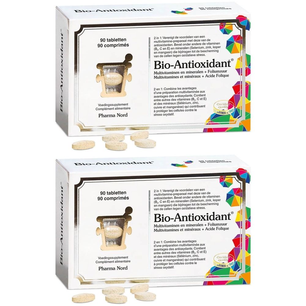 Deux boîtes de Pharma Nord Bio-Antioxidant avec comprimés. Emballage blanc avec nom et logo. 90 comprimés.