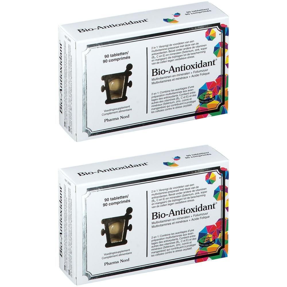 Deux boîtes de Pharma Nord Bio-Antioxidant. Emballage blanc avec nom et logo du produit. Contient 90 comprimés.