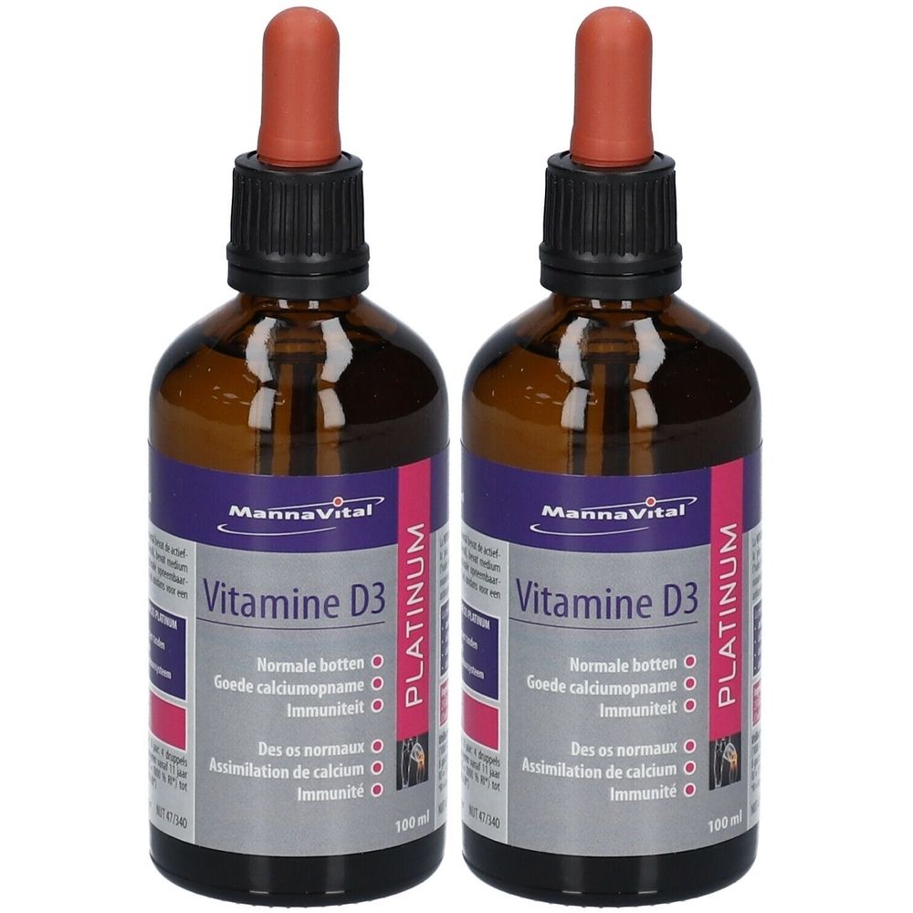 Deux flacons de Mannavital Vitamine D3 Platinum avec pipette. Flacons en verre brun avec étiquette et informations produit.