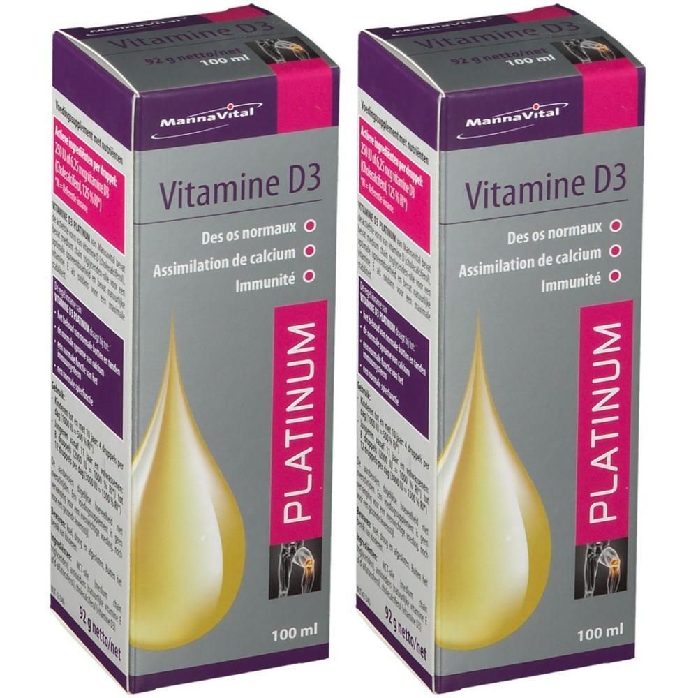 Deux boîtes de Mannavital Vitamine D3 Platinum. Boîtes rectangulaires avec informations produit et illustration d'une goutte.