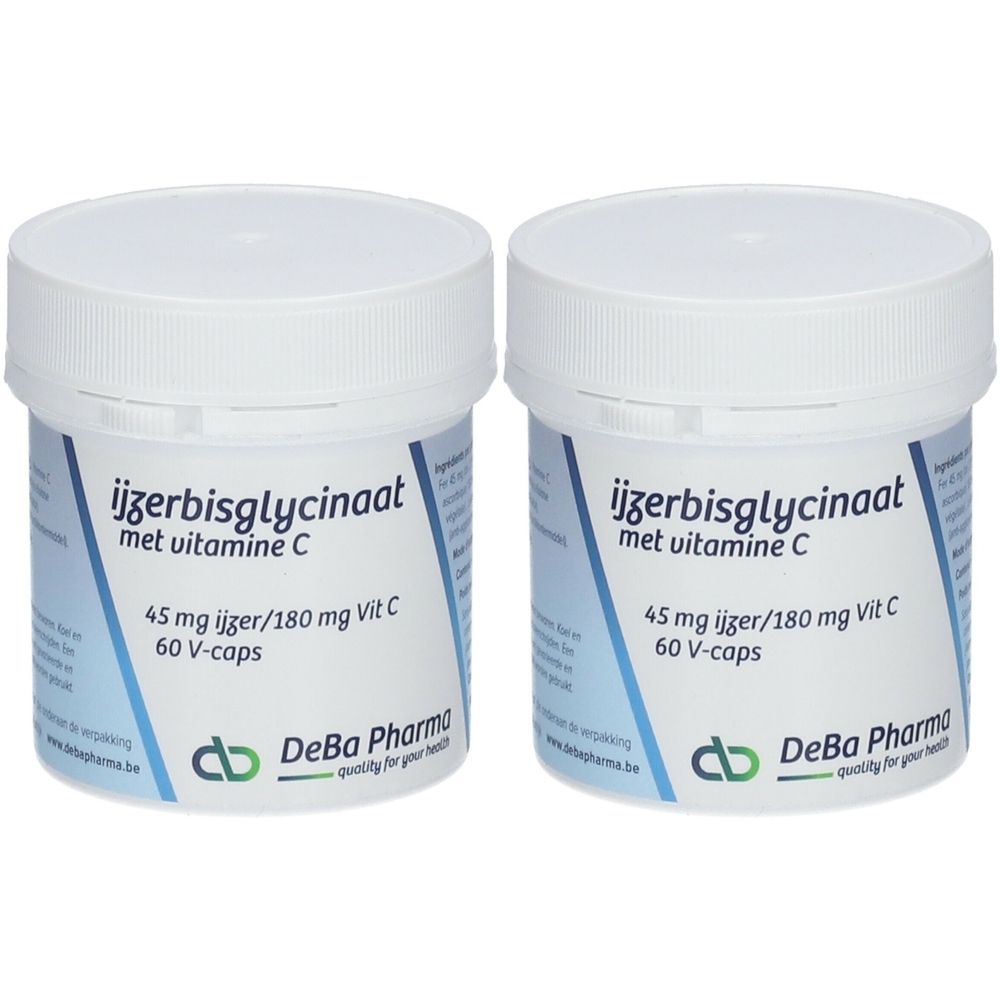 Deux pots blancs avec couvercles. Inscription : ijzerbisglycinaat met vitamine C, 45 mg ijzer/180 mg Vit C, 60 V-caps. Marque : DeBa Pharma.