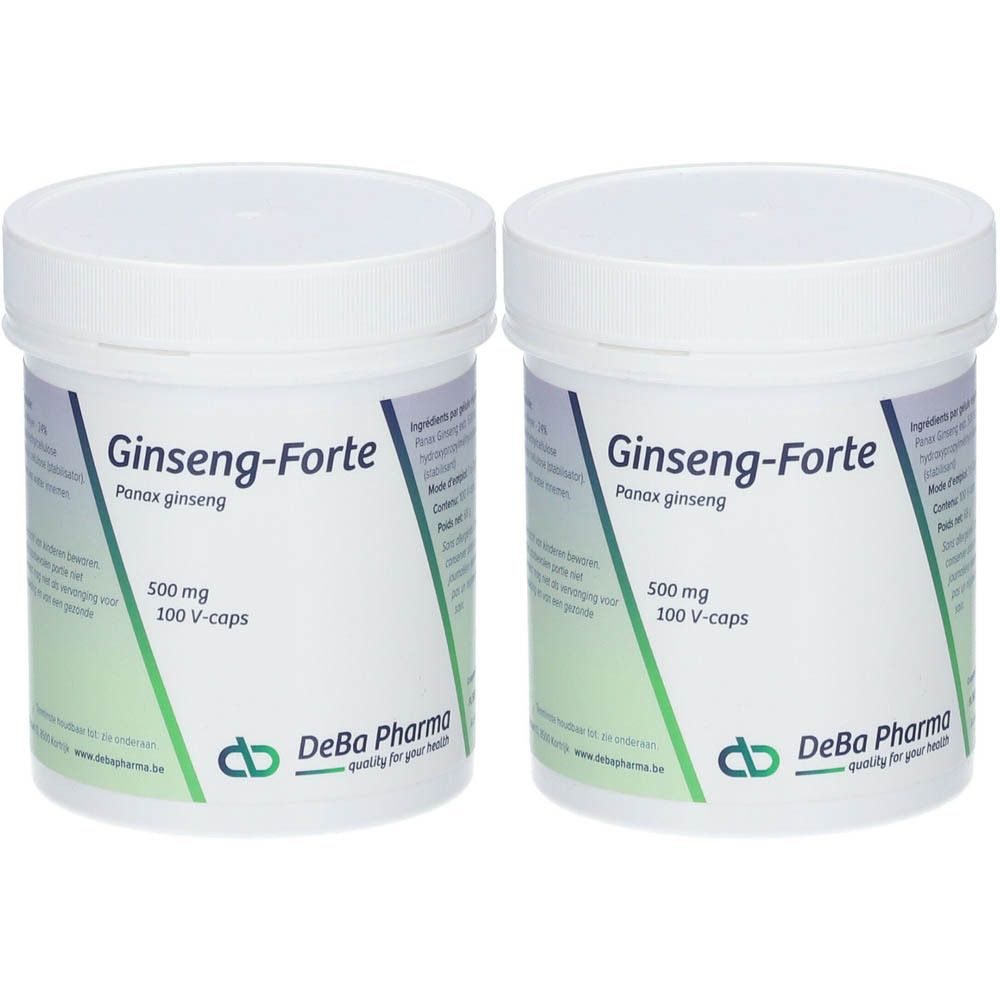 Deux pots blancs avec Ginseng-Forte. Contient 500 mg et 100 V-caps. Logo DeBa Pharma.