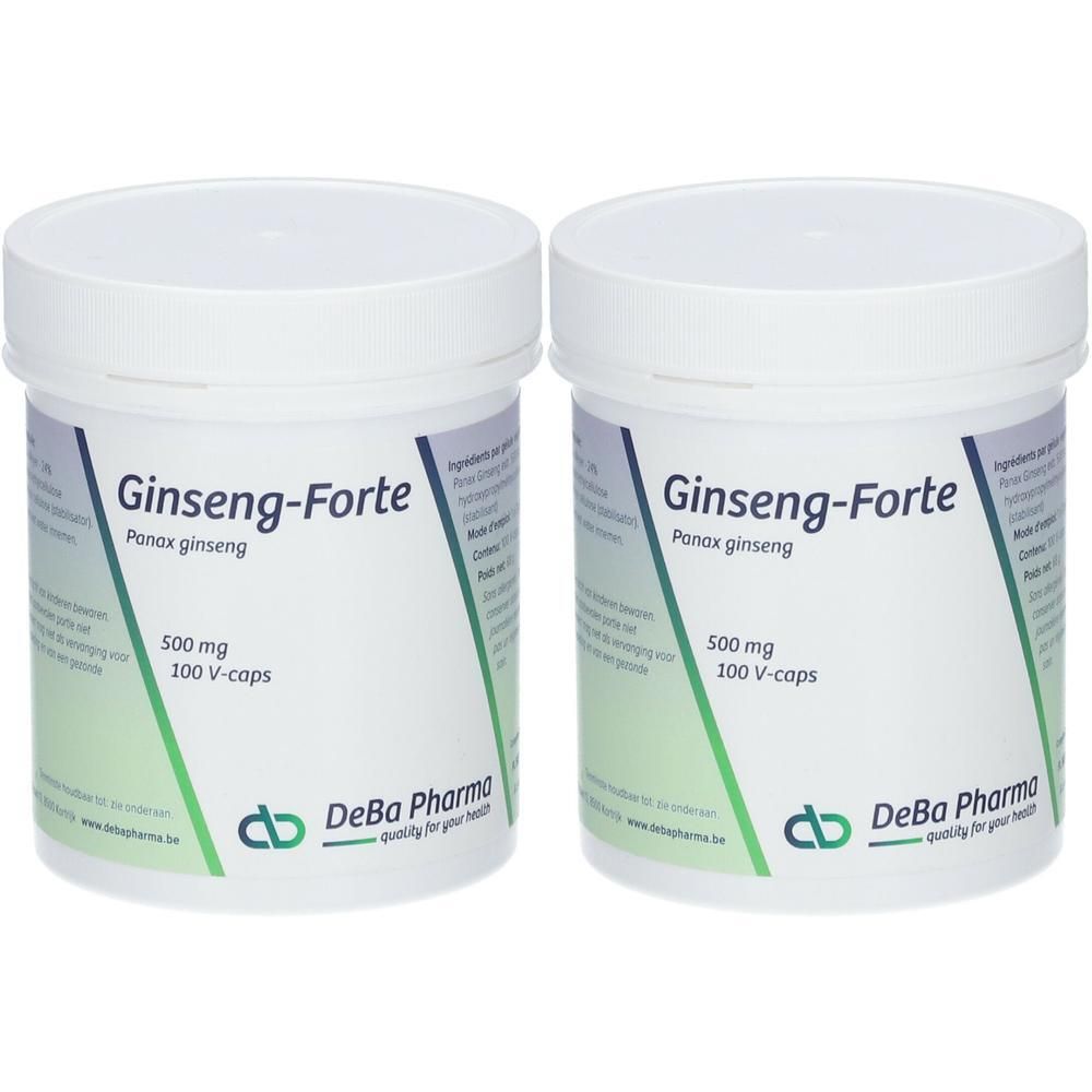 Deux pots blancs avec Ginseng-Forte. Contient 500 mg et 100 V-caps. Logo DeBa Pharma.