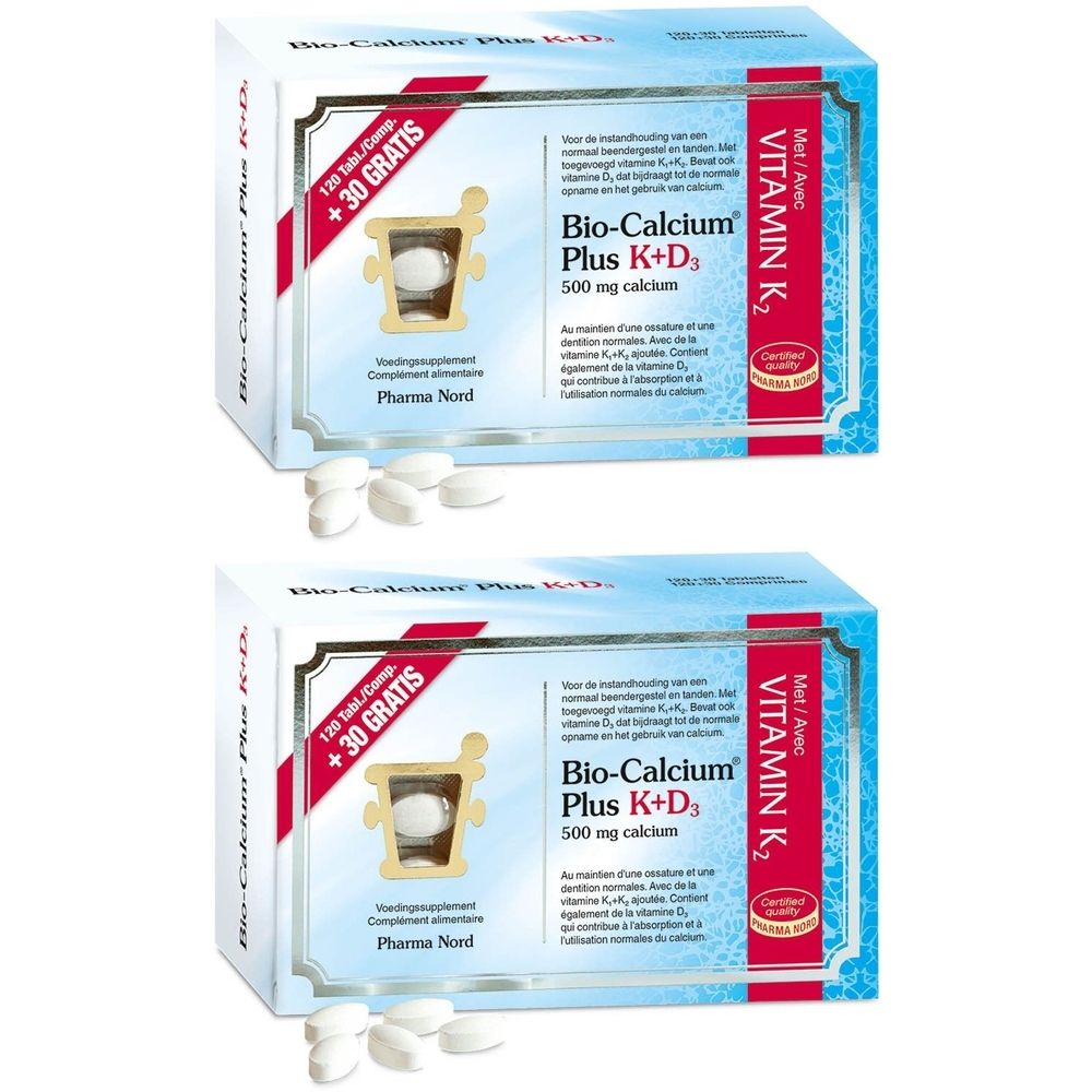 Deux boîtes de Bio-Calcium Plus K+D3. Boîtes bleues avec comprimés et nom du produit. 120+30 comprimés.
