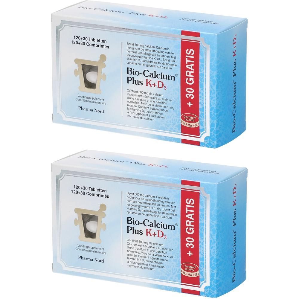 Deux boîtes de Bio-Calcium Plus K+D3. Boîtes bleues avec nom et logo du produit. 120+30 comprimés.