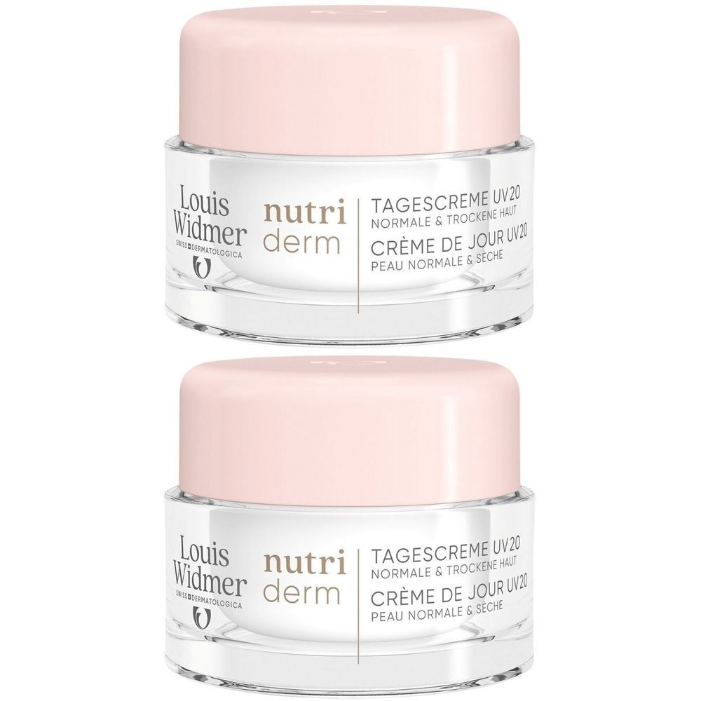 Deux pots de Louis Widmer Nutriderm Crème de Jour UV20. Récipients en verre avec couvercles roses. Inscription: Nutriderm, Crème de Jour UV20.